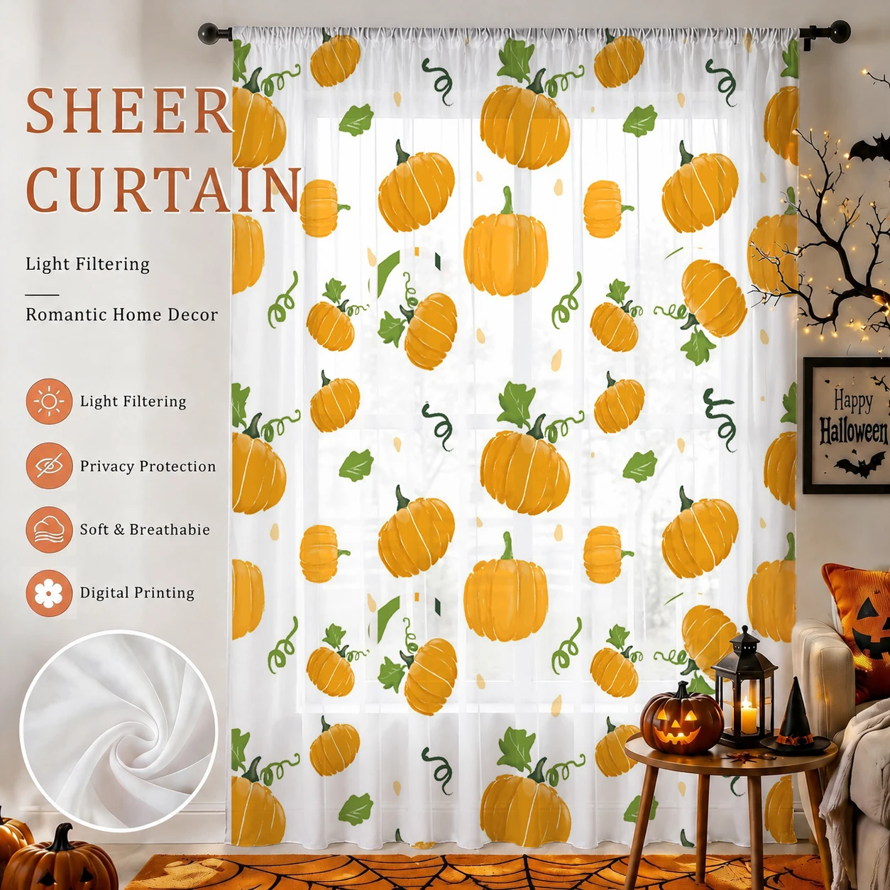 Curtain Rods - Rideau transparent d'Halloween avec passe-tringle, cadeau